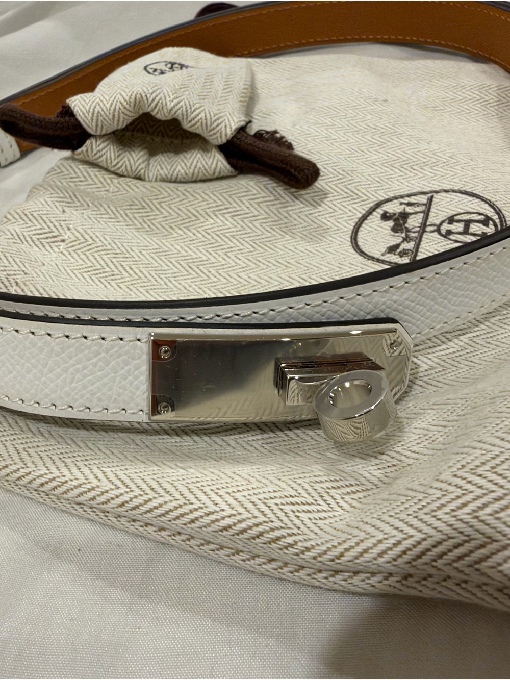 White Leather Hermes Lock Belt Bag Strap